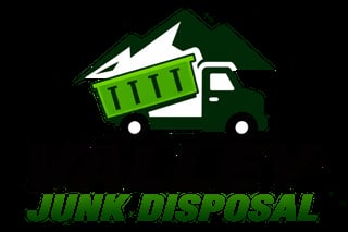 Green junk disposal logo featuring a truck with raised dump bed and lightning bolt design above it